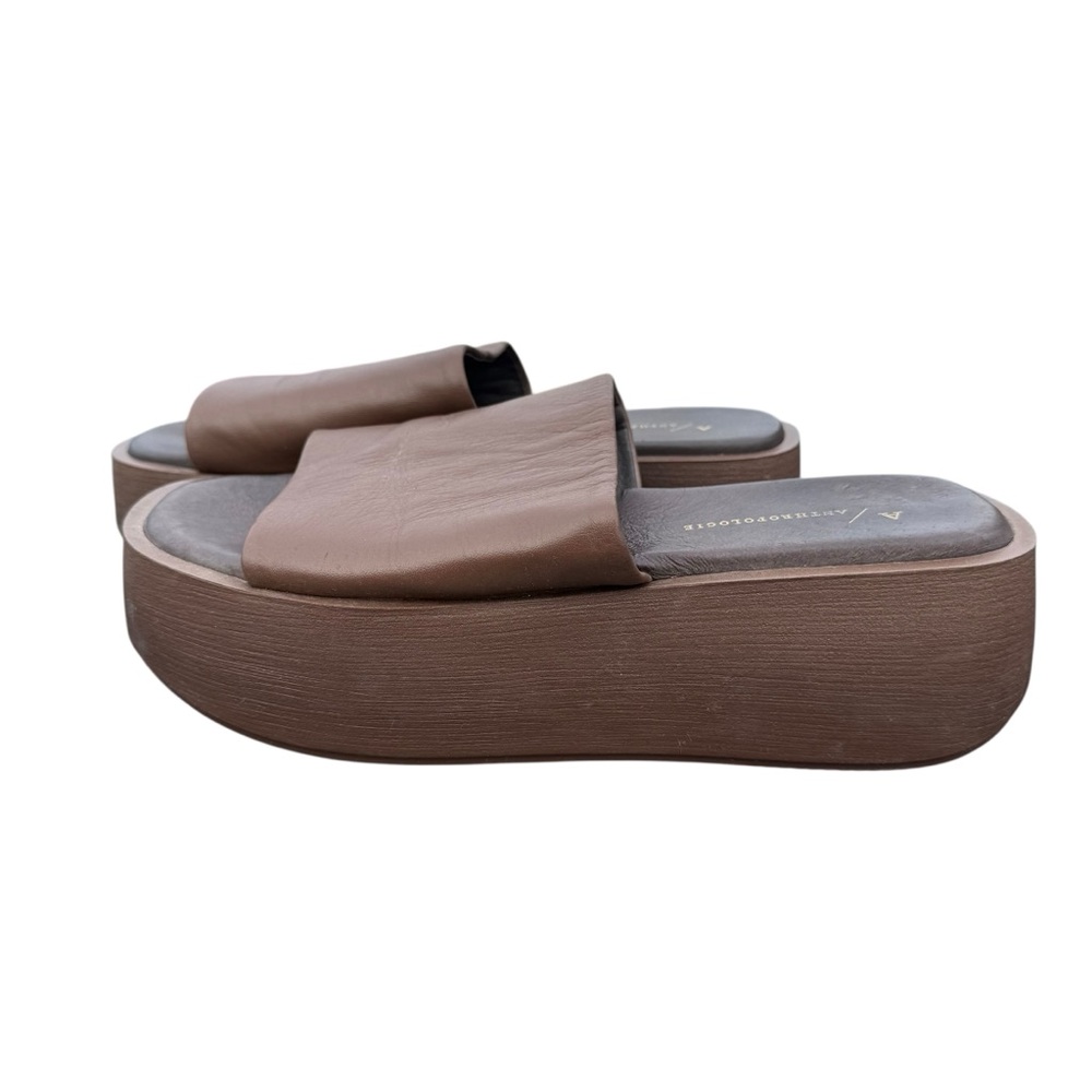 By Anthropologie Platform Slide Sandals Brown Leather Size 38 Minimalist Cushion